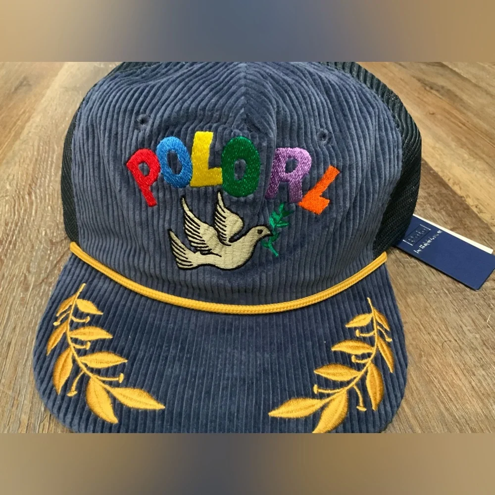 NWT Polo Ralph Lauren Navy Corduroy PEACE LOVE DOVE Trucker Baseball Cap Hat - Picture 2 of 6